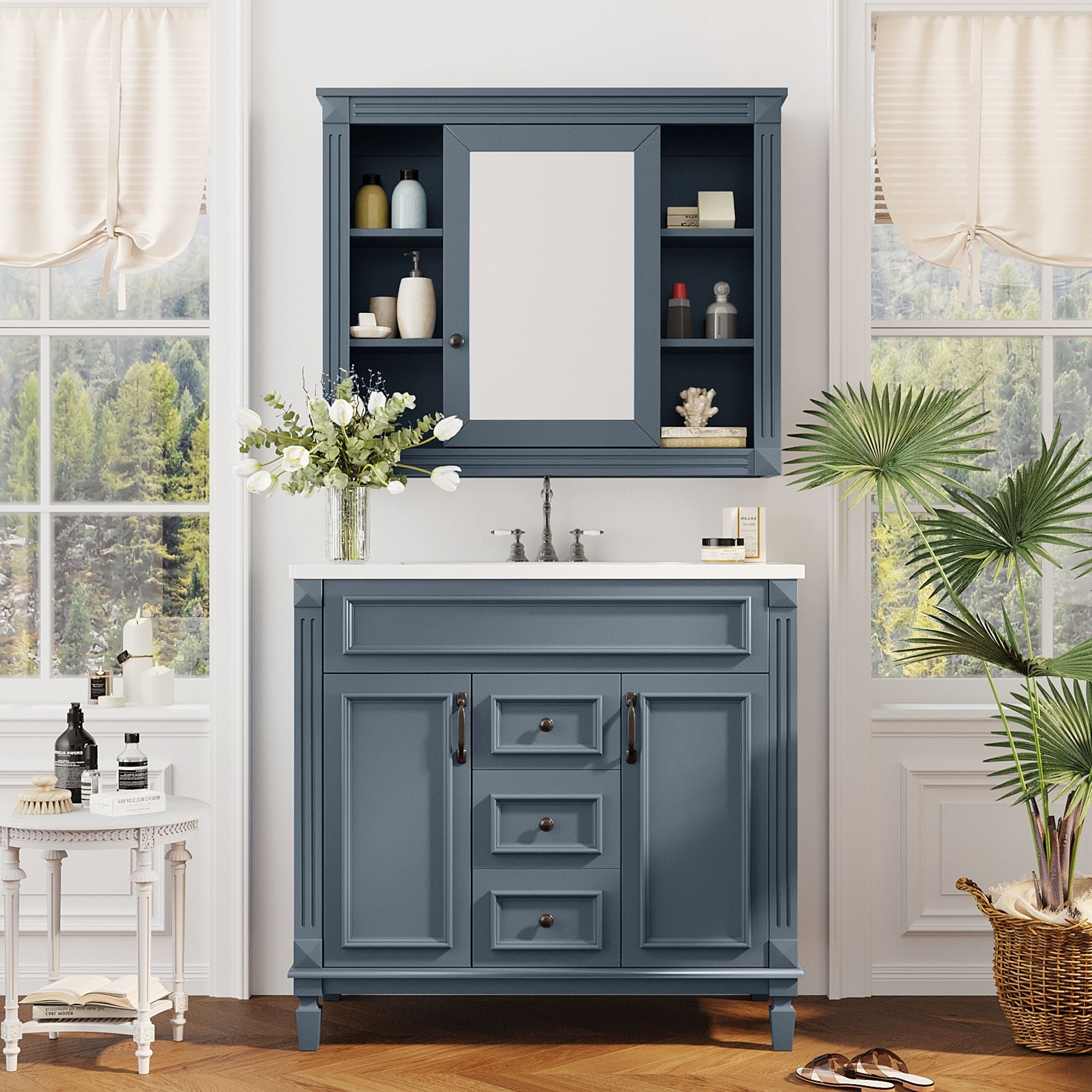 VanityFus 35.1-in Blue Bathroom Vanity Single Sink Medicine Cabinet Combo with Ceramic Top Undermount 3 Soft Close Doors 2 Drawers (Mirror Included) Adjustable Shelves